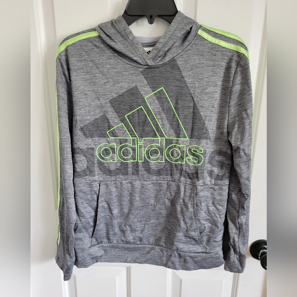 Adidas Boys Gray Neon Green Pullover Hoodie Sweatshirt Size Large 14/16